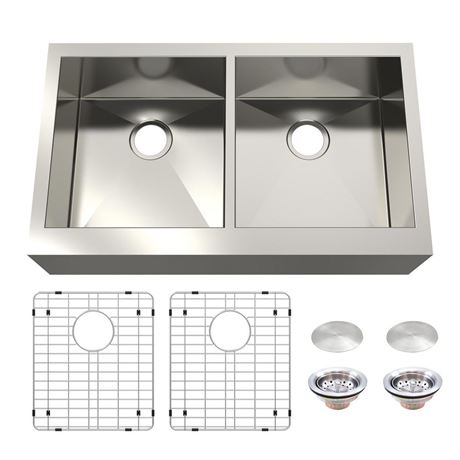 Professional 33 in. Farmhouse/Apron-Front 50/50 Double Bowl 16 Gauge Stainless
