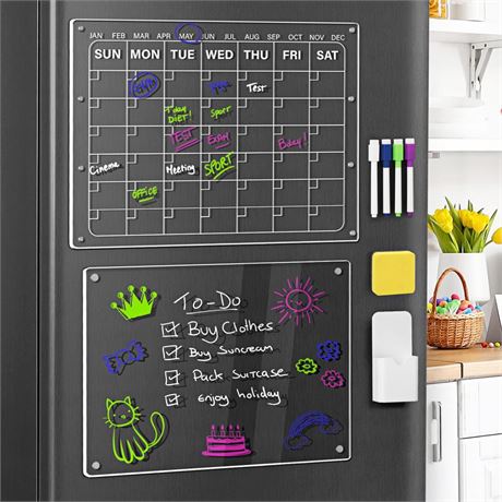 EOOUT 2 Set Magnetic Acrylic Calendar for Fridge, 16”x12" and 15”x11" Clear