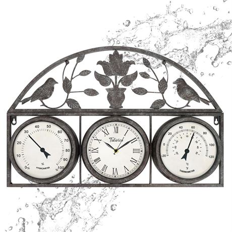 Large Outdoor Clock Thermometer Combo- Non Ticking,Waterproof Wall Clock for