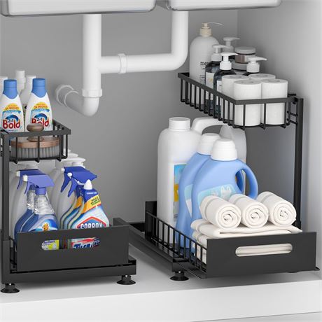 2 Pack Under Sink Organizer Storage 2-Tier Premium Metal Pull-Out Racks, Height
