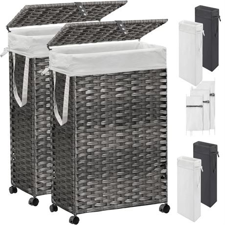 70L Slim Laundry Hamper with Lid & Wheels, 2-Park Rolling Laundry Basket with 4