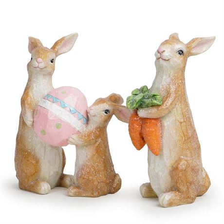 Hodao Easter Bunny Decorations 6.25“H Wood Carved Rabbit Family Figurines with