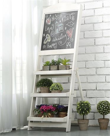 MyGift Vintage White Wood Freestanding Chalkboard Easel with 3-Tiered Display