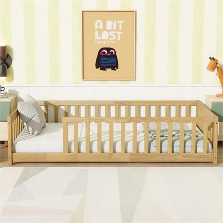 Twin Size Floor Bed With Fence, Rubber Wood Floor Bed With Safety Guardrails