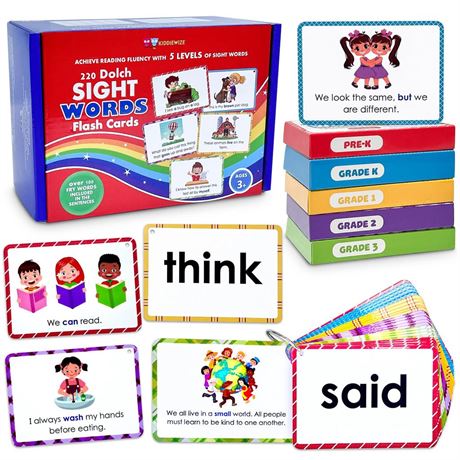 Sight Words Flash Cards for Kids Ages 3 4 5 6 7 8 9 10-220 Dolch Words with