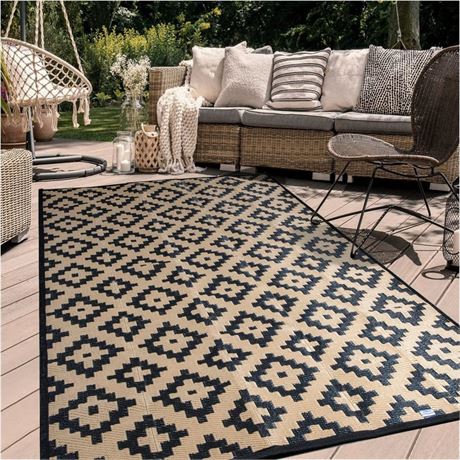 AOLEBA Reversible Outdoor Plastic Straw Rug Mat, Black and Beige Plaid Area