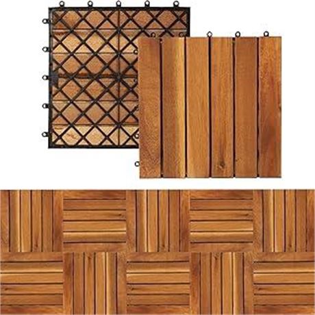 PrimeZone 9 PCS Solid Acacia Wood Interlocking Patio Deck Tiles - 12" x 12"