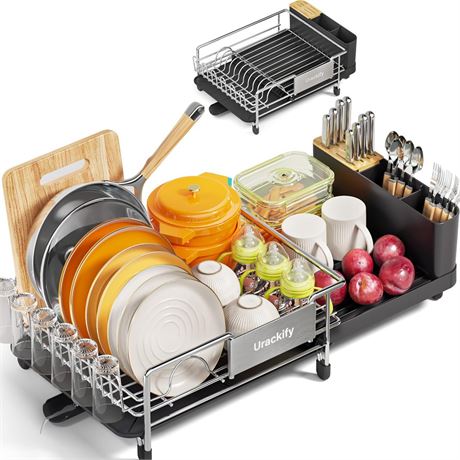 Dish Drying Rack, Expandable Stainless Steel Dish Rack with Drainboard Set