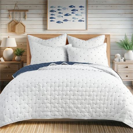 Levtex Home - Embroidered Swiss Dot Quilt Set - King Quilt and Two King Shams -