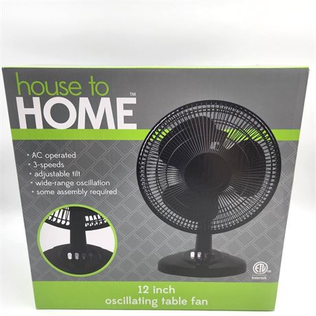 Oscillating Table Fan 12", Black House to Home, 3 Speed, Tilt New