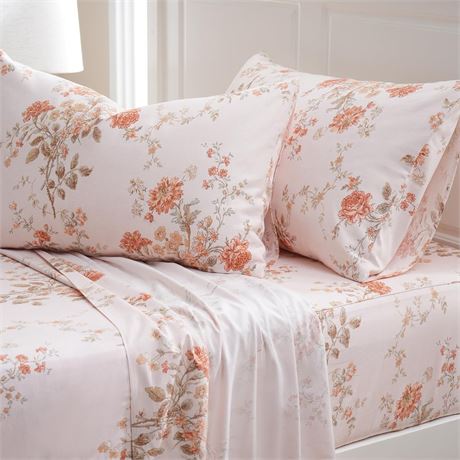 Zusbest King Size Sheets 100% Percale Cotton Orange Floral Bed Sheet Set,