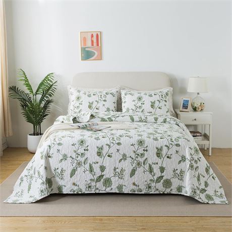 100% Cotton Floral Pattern Twin Size White Quilt Set, Green Flower Print
