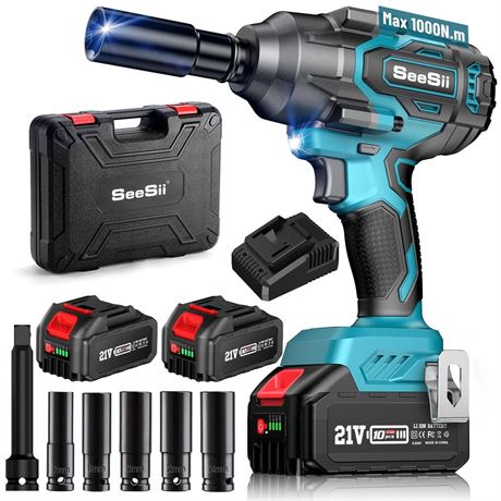 Seesii 1000Nm(738ft-lbs) Cordless Impact Wrench High Torque,1/2" Brushless