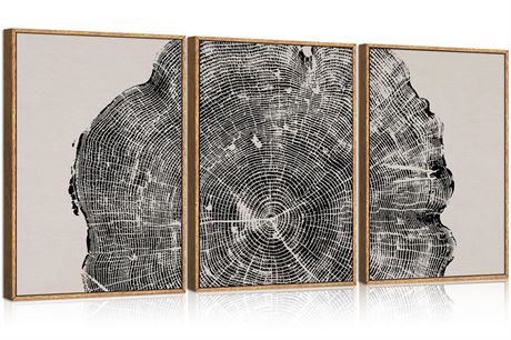 CHDITB Framed Wood Tree Rings Wall Art Set, 16x24in Black and White Canvas Art