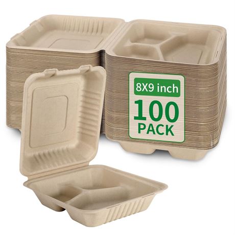 Aricsen 100 Pack 3 Compartment Compostable 8x9 Inch Takeout Lunch Box