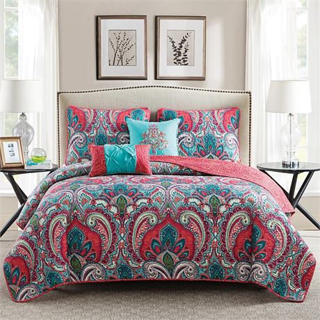 VCNY Home Casa Real 5-Piece Multicolor Damask Reversible Quilt Set, King,