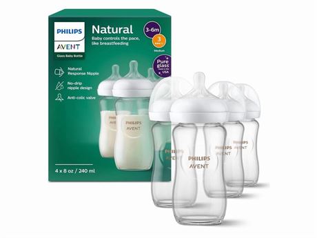 Philips Avent Glass Natural Baby Bottle With Natural Response Nipple, 8oz, 4pk,