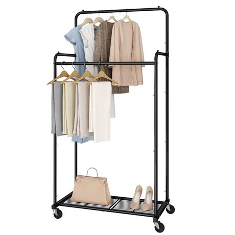 Simple Trending Double Rod Clothes Garment Rack, Heavy Duty Clothing Rolling