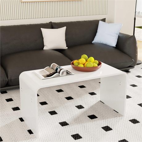 MESAILUP 32 Inch Ceramic-Gloss White waterfall Rectangle Coffee Table,Morden