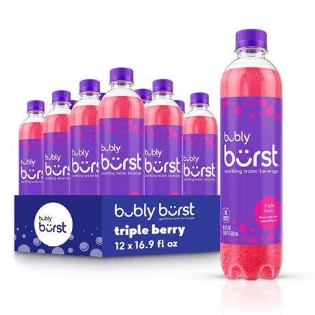 bubly burst Sparkling Water Beverage, Triple Berry, 16.9 fl oz Bottles (12