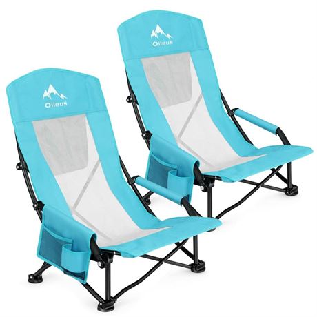 Oileus Folding Portable Beach Chair, High Back Low Seat Lightweight Chairs for