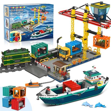 HOGOKIDS City Wharf Building Set with Crane - Includes Ship Train Truck, 4