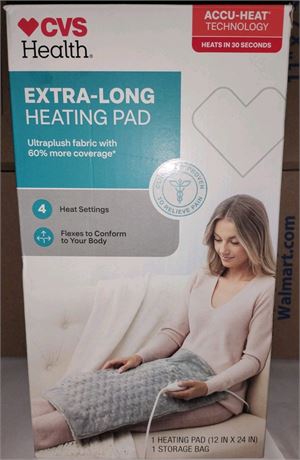 New CVS Extra-Long Heating Pad  12" X 24" 4 Settings Microplush Cover