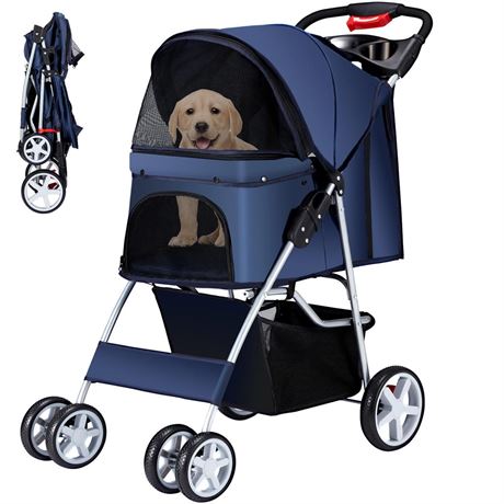 Pet Stroller 4 Wheels Dog Cat Stroller for Medium Small Dogs Cats, Folding Cat