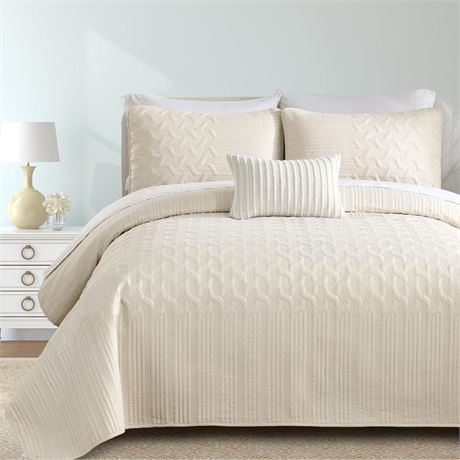 Yiran Beige Quilt Set King Size Lightweight Bedspread Ultrasonic Wave Pattern