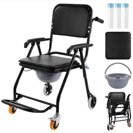 4-in-1 Bedside Commode Shower Wheelchair, Mobile Shower Commode Chair with