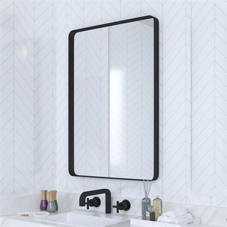 Black Bathroom Mirror for Wall, 18 x 26 Inch Rounded Rectangle Metal Framed