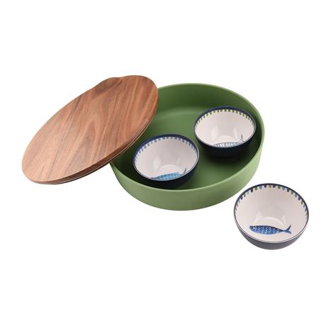 Beautiful Serve Bowl 14.6" x 6" Bamboo Melamine with Sardine Dip Bowls and Wood