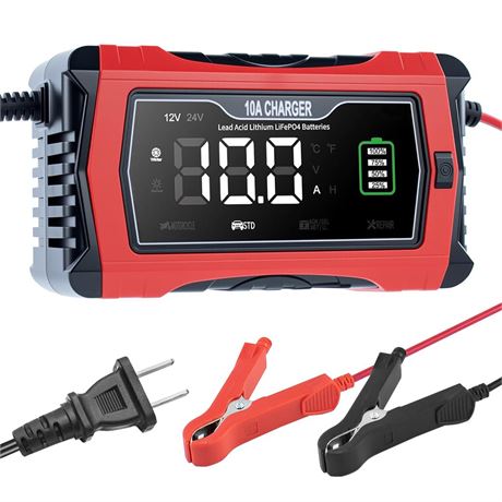 Hosyond Smart Battery Charger 10A 12V & 24V, Trickle Charger, Battery