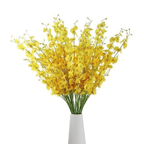 WELMATCH Yellow Artificial Orchids Faux Flowers - 6 pcs 37.5 Inches Real Touch