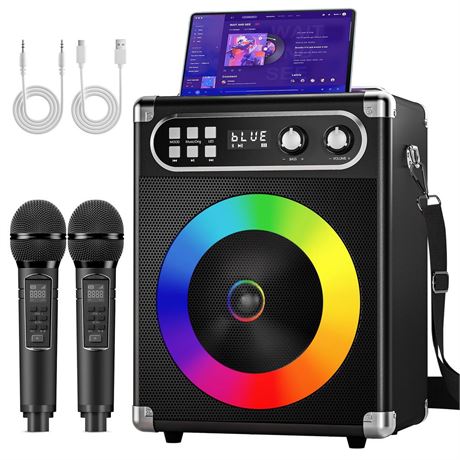 Karaoke Machine, Portable Bluetooth Speaker with 2 Wireless Microphones for