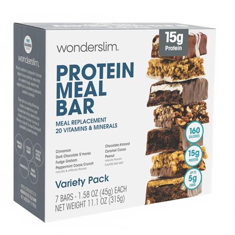 WonderSlim Meal Replacement Protein Bar, Variety Pack, 15g Protein, 20 Vitamins