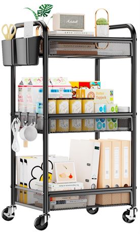 YASONIC 3 Tier Rolling Cart – Metal Utility Storage Carts with Wheels, Craft