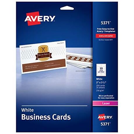 Avery Laser 2 x 3 1/2" White Business Cards 250 Count (5371)