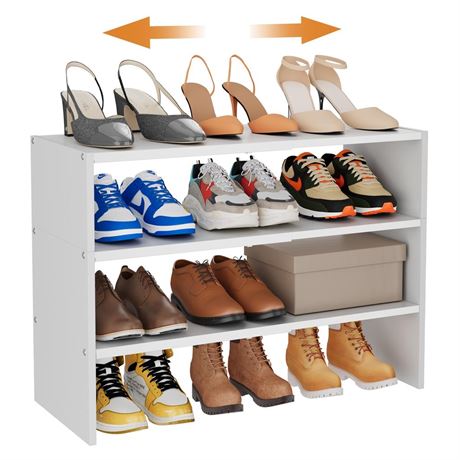 3-Tier Expandable White Shoe Rack Organizer for Closet, Stackable Shoe Racks