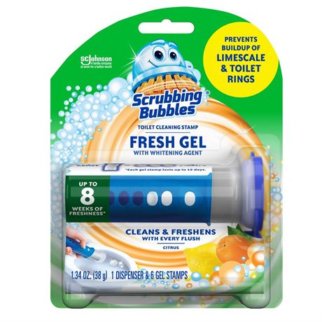 Scrubbing Bubbles Fresh Gel Toilet Cleaning Stamp  Citrus  Dispenser with 6 Gel