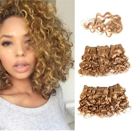 Blonde Weave Hair Bundles 3Pcs 8" Curly Wave Human Hair Extensions with Lace