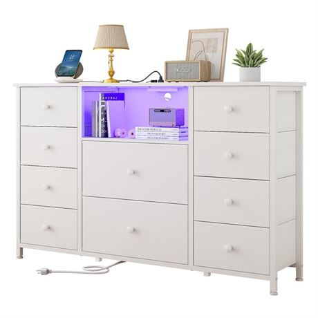 LDTTCUK Dresser with Charging Station and LED Lights, Long Dresser for Bedroom