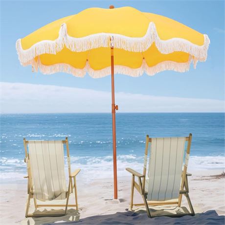 PHI VILLA 7ft Patio Umbrellas with Fringe, Outdoor Tilt Beach Umbrella Portable