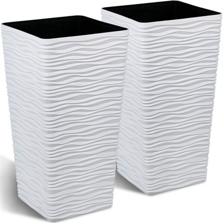 Worth Garden 2-Pack Tall Tapered Planter - Plastic White Square Plant Pots -