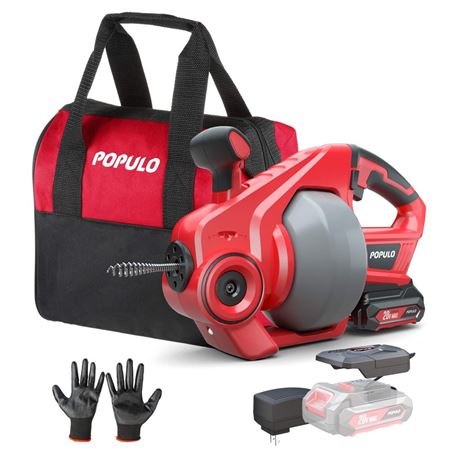 POPULO 20V Cordless Electric Drain Auger-Efficient 25Ft Auto-Feed Drain Snake