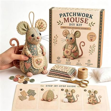 Patchwork Mouse DIY Kit, Handmade Sewing Craft Set with Floral Fabric,