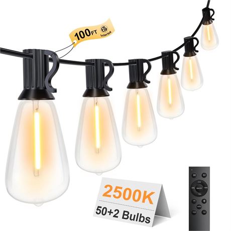 100FT LED Outdoor String Lights for Outside Remote 52 Edison Vintage Bulbs ST38