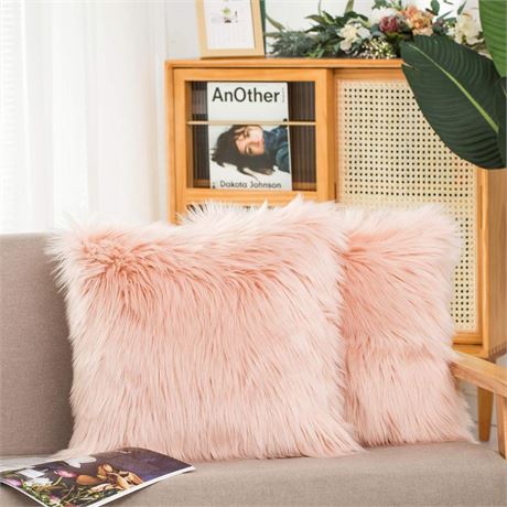 HYSEAS Set of 2 Decorative Faux Fur Throw Pillow Covers, Pale Pink Fluffy Soft