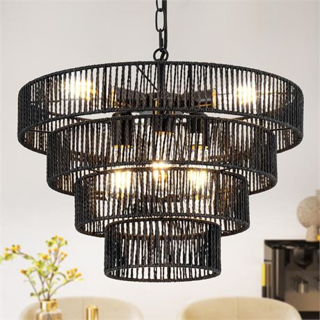 6-Light Hand-Woven Rattan Chandelier, 19.7" Farmhouse Boho Pendant Light,