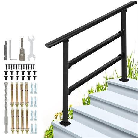 4-Step Outdoor Stair Railing: Black Wrought Iron Handrail for 3 to 4 Steps -